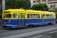 San Francisco Muni 1010 San Francisco (1940's Blue and Yellow) livery PCC streetcar built in 1948 - F Market & Wharves line