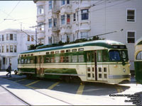 San Francisco Muni 1051 San Francisco (1960's simplified) livery PCC streetcar built in 1948 - Ex-Philidelphia Transportation Company 2123 via SEPTA - F Market & Wharves line
