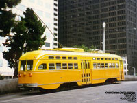 San Francisco Muni 1052 Los Angeles Railway Yellow Car (NCL) livery PCC streetcar built in 1948 - Ex-Philidelphia Transportation Company 2110 via SEPTA - F Market & Wharves line