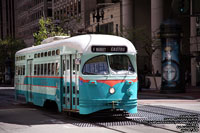 San Francisco Muni 1076 Washington D.C. Transit livery PCC streetcar built in 1946 - Ex-Public Service Coordinated Transport via NJ Transit 12 (nee Twin Cities Rapid Transit 331) - F Market & Wharves line