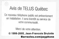 Telus Quebec Payphone Installation Card