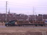 A Freightliner truck hauls logs