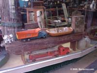 Antique toy trucks displayed in a Sherbrooke shop.